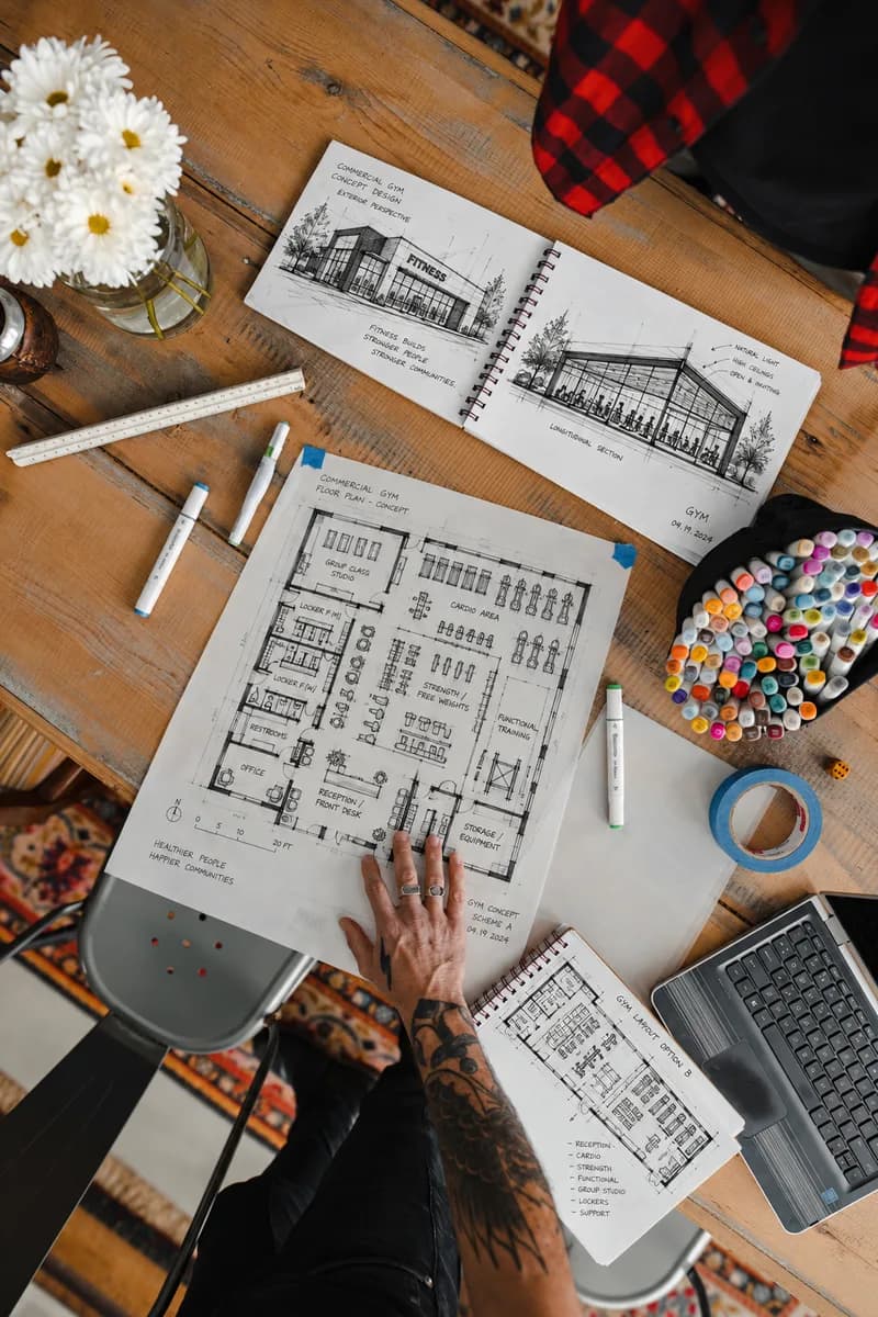 Gym layout drawings and equipment plans on a consultant's desk